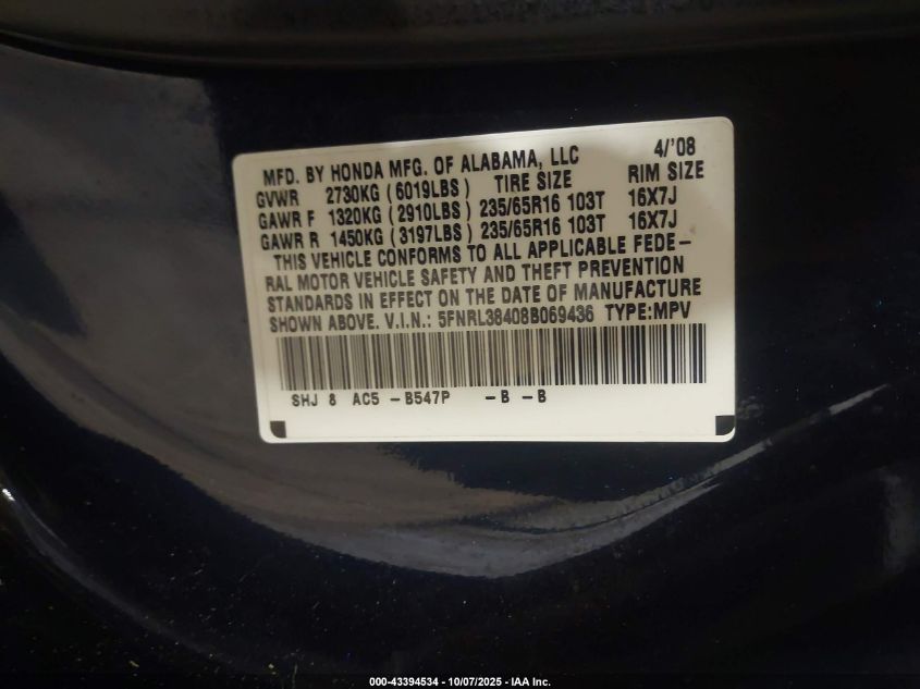 2008 Honda Odyssey Ex VIN: 5FNRL38408B069436 Lot: 43394534