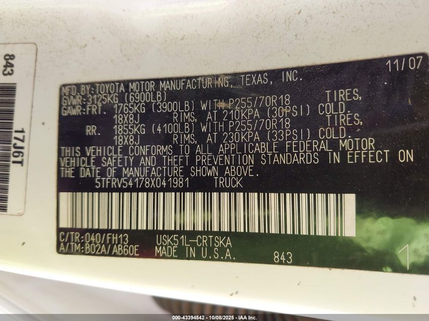 2008 Toyota Tundra Base 5.7L V8 VIN: 5TFRV54178X041981 Lot: 43394542