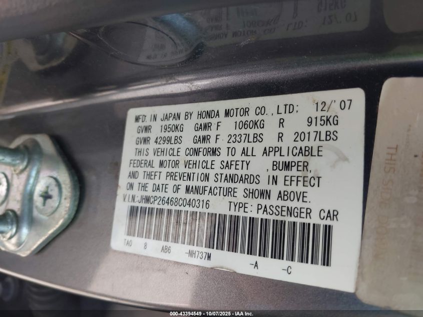 2008 Honda Accord 2.4 Lx-P VIN: JHMCP26468C040316 Lot: 43394549