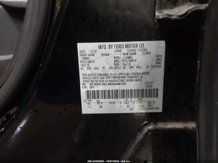 2008 Ford Edge Sel VIN: 2FMDK38C48BA44102 Lot: 43394550