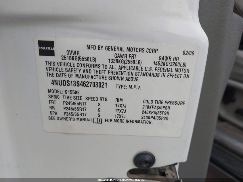 2006 Isuzu Ascender S VIN: 4NUDS13S462703021 Lot: 43394551