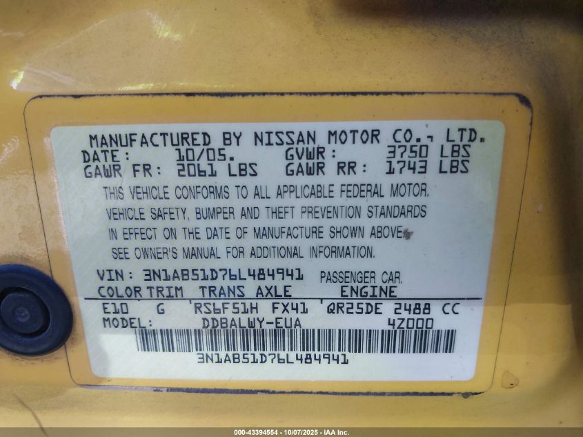 2006 Nissan Sentra Se-R Spec V VIN: 3N1AB51D76L484941 Lot: 43394554