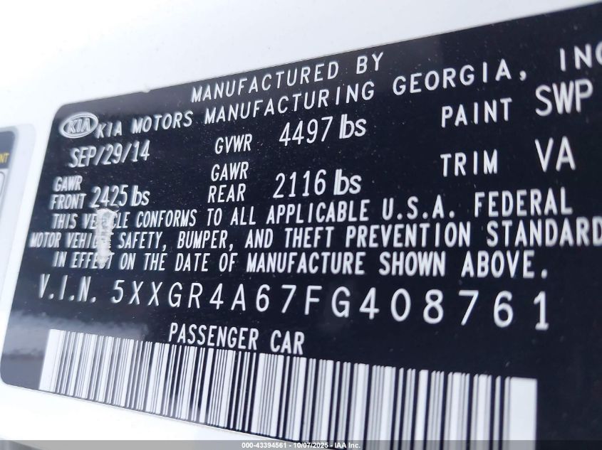 2015 Kia Optima Sxl Turbo VIN: 5XXGR4A67FG408761 Lot: 43394561