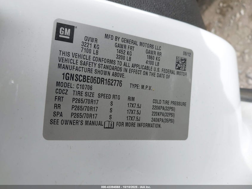 2013 CHEVROLET TAHOE LT 1GNSCBE06DR162776