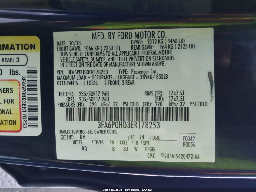 2014 Ford Fusion Se VIN: 3FA6P0HD3ER178253 Lot: 43394569