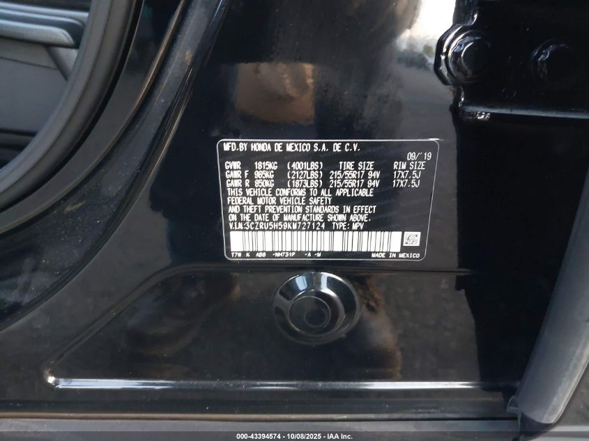 2019 Honda Hr-V Ex VIN: 3CZRU5H59KM727124 Lot: 43394574