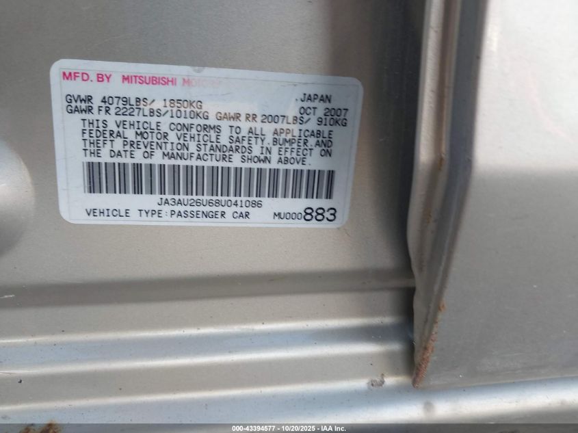 2008 Mitsubishi Lancer De/Es VIN: JA3AU26U68U041086 Lot: 43394577