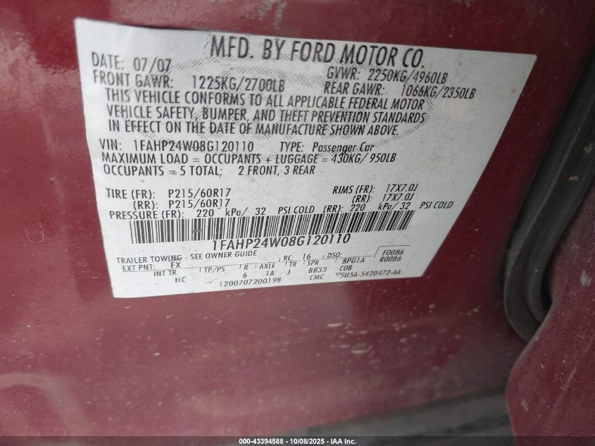 2008 Ford Taurus Sel VIN: 1FAHP24W08G120110 Lot: 43394588