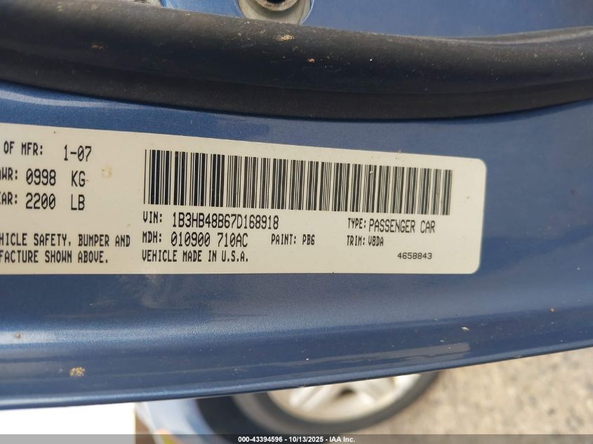 2007 Dodge Caliber Sxt VIN: 1B3HB48B67D168918 Lot: 43394596