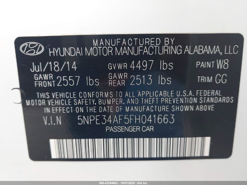 2015 Hyundai Sonata Limited VIN: 5NPE34AF5FH041663 Lot: 43394602
