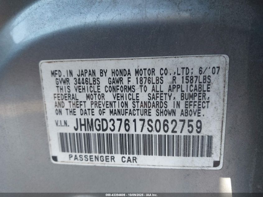 2007 Honda Fit Sport VIN: JHMGD37617S062759 Lot: 43394606