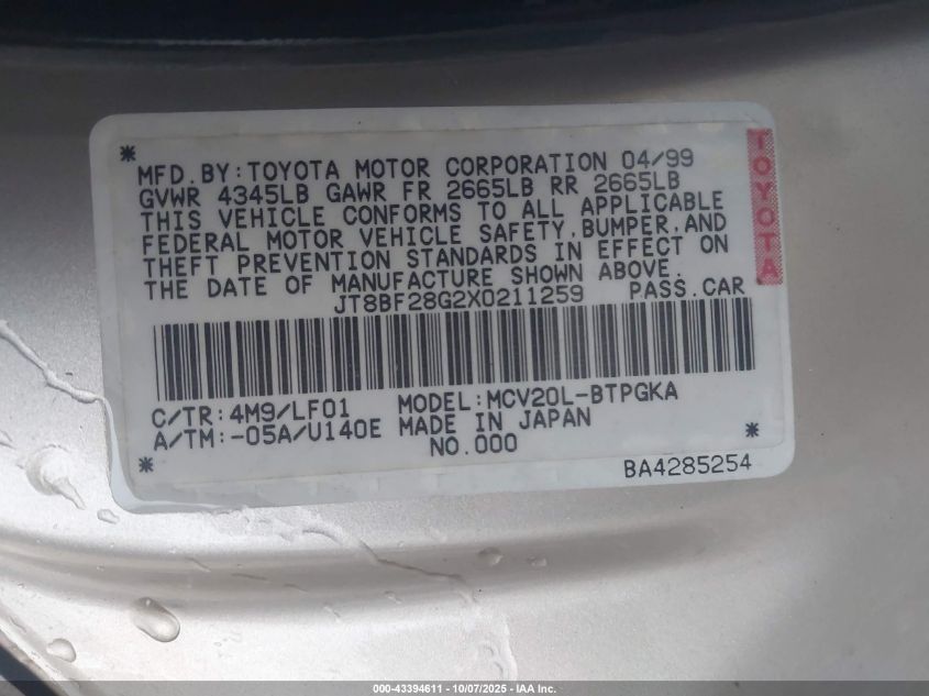 1999 Lexus Es 300 VIN: JT8BF28G2X0211259 Lot: 43394611