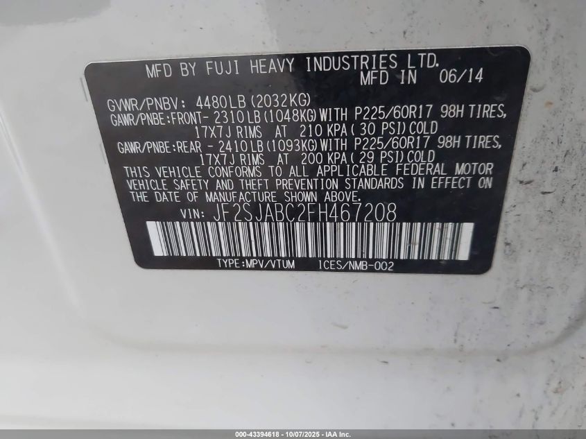 2015 Subaru Forester 2.5I VIN: JF2SJABC2FH467208 Lot: 43394618