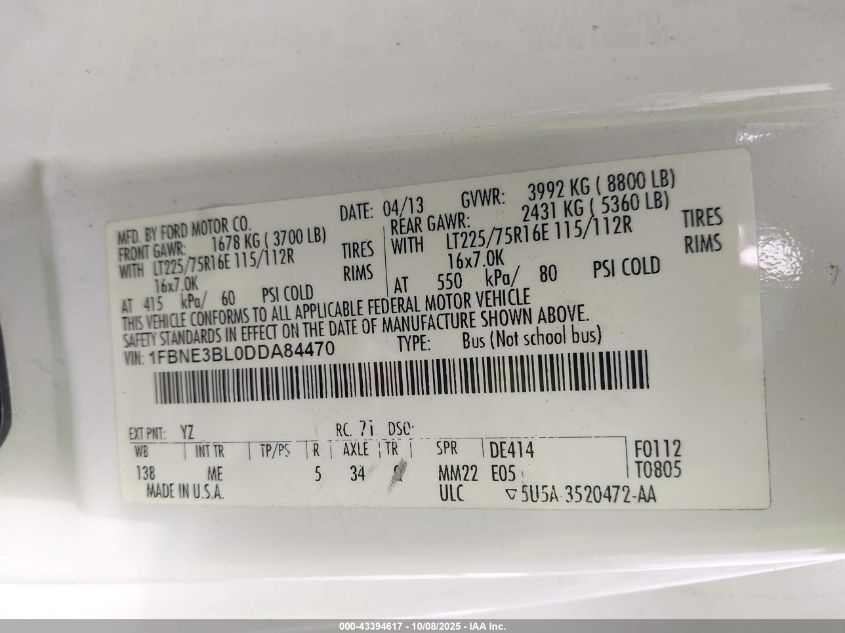 2013 Ford E-350 Super Duty Xlt VIN: 1FBNE3BL0DDA84470 Lot: 43394617