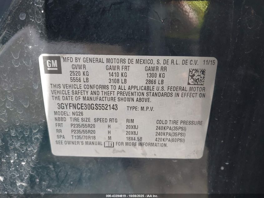 2016 Cadillac Srx Performance Collection VIN: 3GYFNCE30GS552143 Lot: 43394619