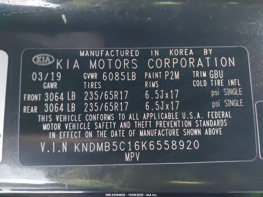 2019 Kia Sedona Lx VIN: KNDMB5C16K6558920 Lot: 43394620