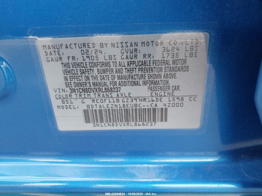 2024 Nissan Versa 1.6 S VIN: 3N1CN8DVXRL868237 Lot: 43394624