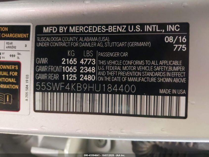 2017 Mercedes-Benz C 300 4Matic/Luxury 4Matic VIN: 55SWF4KB9HU184400 Lot: 43394641