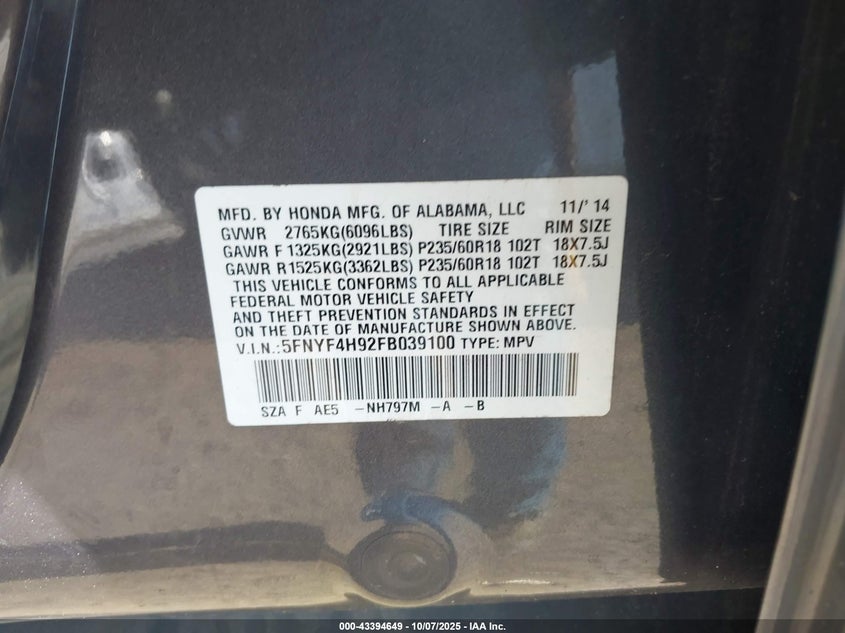 2015 HONDA PILOT TOURING 5FNYF4H92FB039100