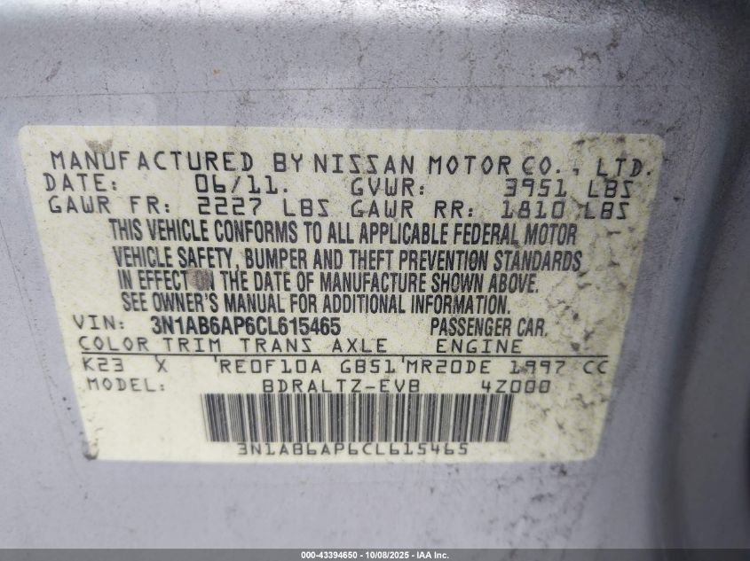 2012 Nissan Sentra 2.0 Sr VIN: 3N1AB6AP6CL615465 Lot: 43394650