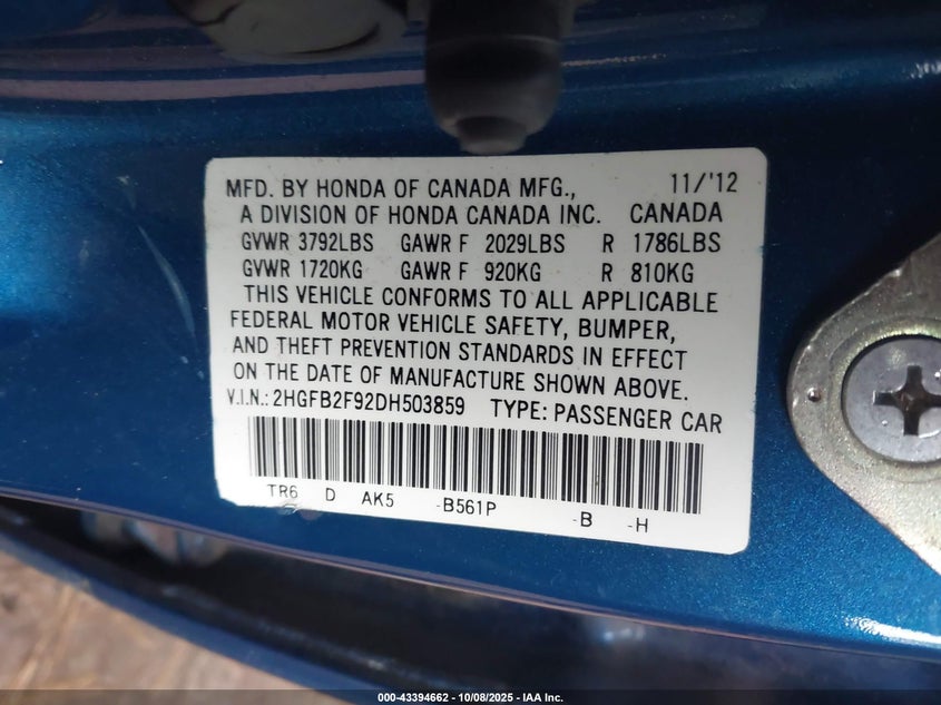 2013 HONDA CIVIC EX-L 2HGFB2F92DH503859