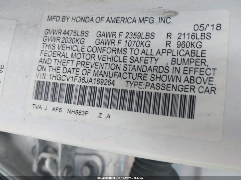 1HGCV1F36JA169264 2018 HONDA ACCORD photo no. 9