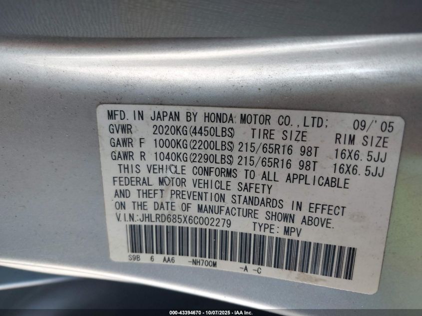 2006 Honda Cr-V Lx VIN: JHLRD685X6C002279 Lot: 43394670