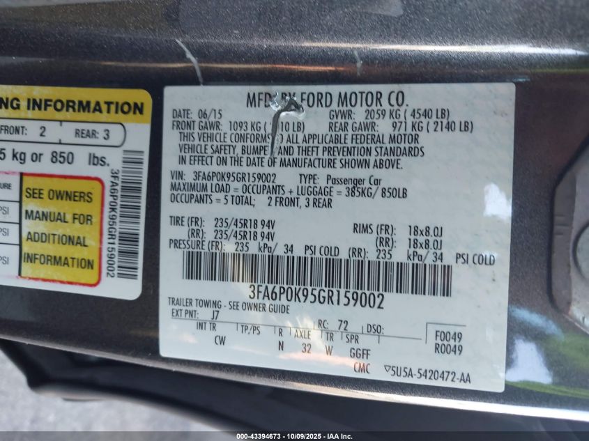 2016 Ford Fusion Titanium VIN: 3FA6P0K95GR159002 Lot: 43394673