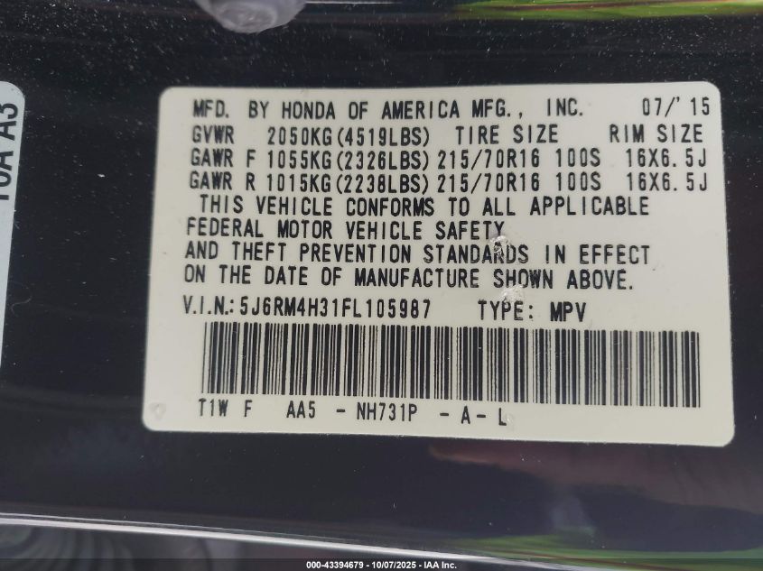 2015 Honda Cr-V Lx VIN: 5J6RM4H31FL105987 Lot: 43394679