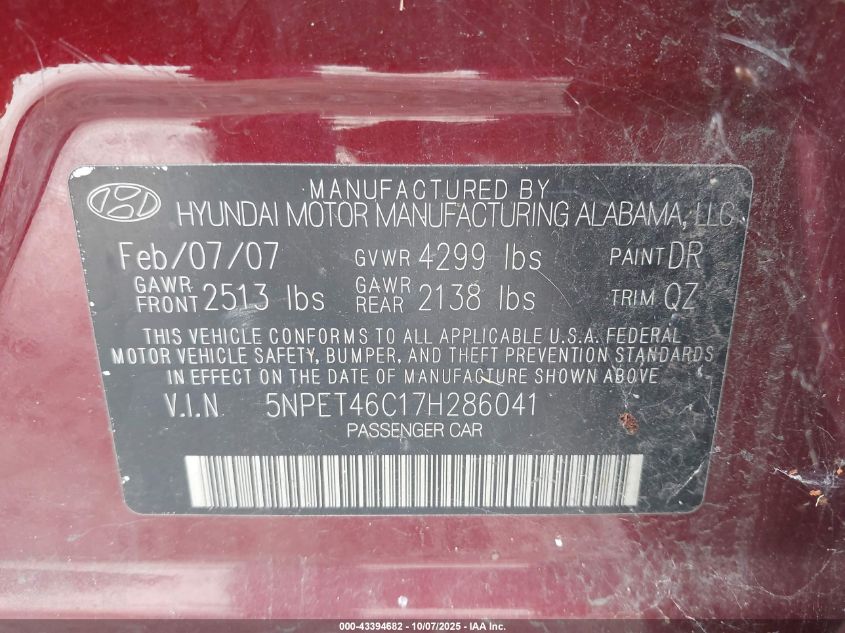 2007 Hyundai Sonata Gls VIN: 5NPET46C17H286041 Lot: 43394682