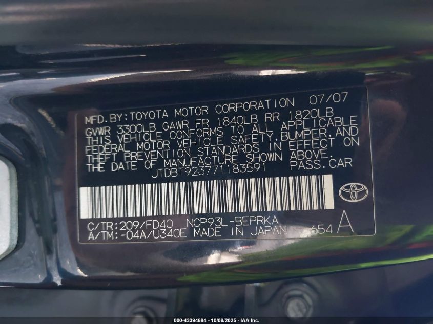 2007 Toyota Yaris VIN: JTDBT923771183591 Lot: 43394684