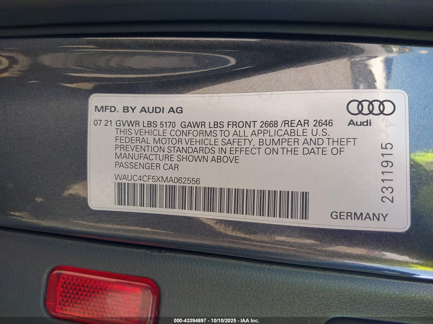 2021 Audi S5 Sportback Premium Plus Tfsi Quattro Tiptronic VIN: WAUC4CF5XMA062556 Lot: 43394697