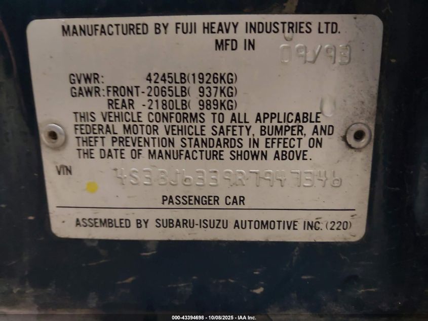 1994 Subaru Legacy L/L Alpine VIN: 4S3BJ6339R7947346 Lot: 43394698