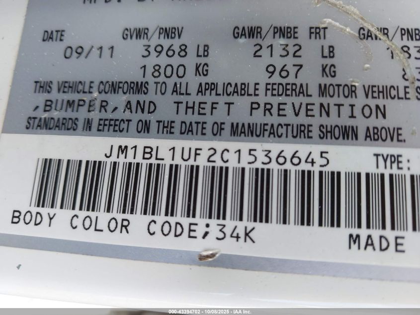 2012 Mazda Mazda3 I Sport VIN: JM1BL1UF2C1536645 Lot: 43394702