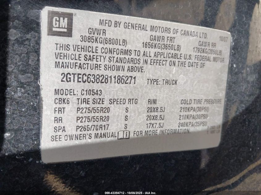 2008 GMC Sierra 1500 Denali VIN: 2GTEC638281186271 Lot: 43394712