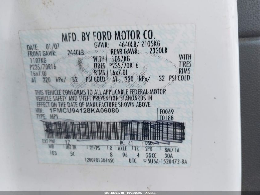 2008 Ford Escape Limited VIN: 1FMCU04188KD91916 Lot: 43394718