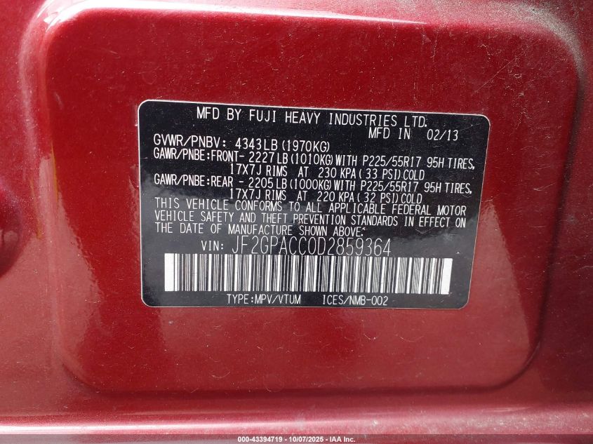 2013 Subaru Xv Crosstrek 2.0I Premium VIN: JF2GPACC0D2859364 Lot: 43394719