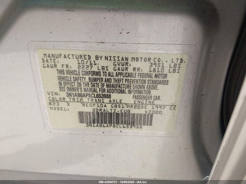 2012 Nissan Sentra 2.0 S VIN: 3N1AB6AP8CL653988 Lot: 43394721