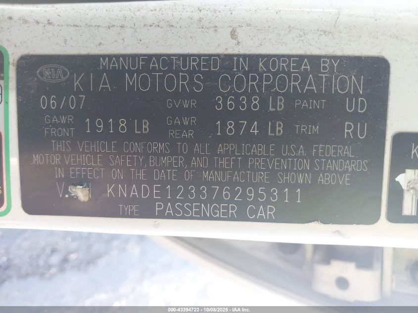 2007 Kia Rio Lx VIN: KNADE123376295311 Lot: 43394723