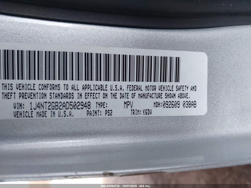 2010 Jeep Patriot Sport VIN: 1J4NT2GB2AD502948 Lot: 43394724