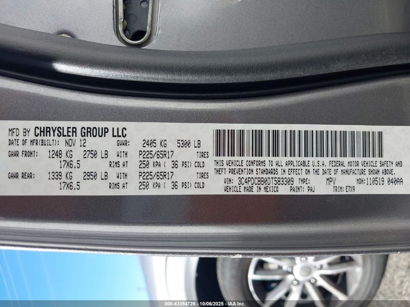 2013 Dodge Journey Sxt VIN: 3C4PDCBB0DT583309 Lot: 43394726