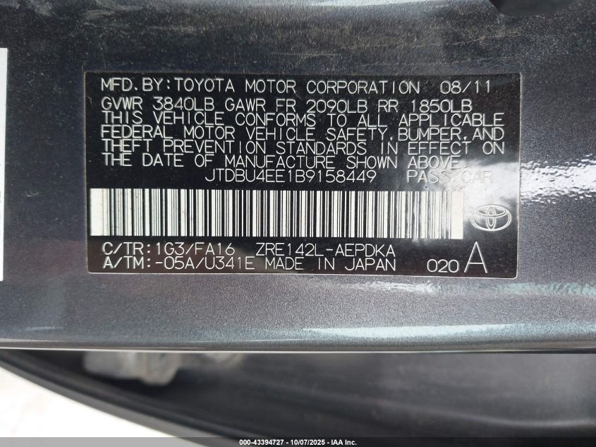 2011 Toyota Corolla VIN: JTDBU4EE1B9158449 Lot: 43394727