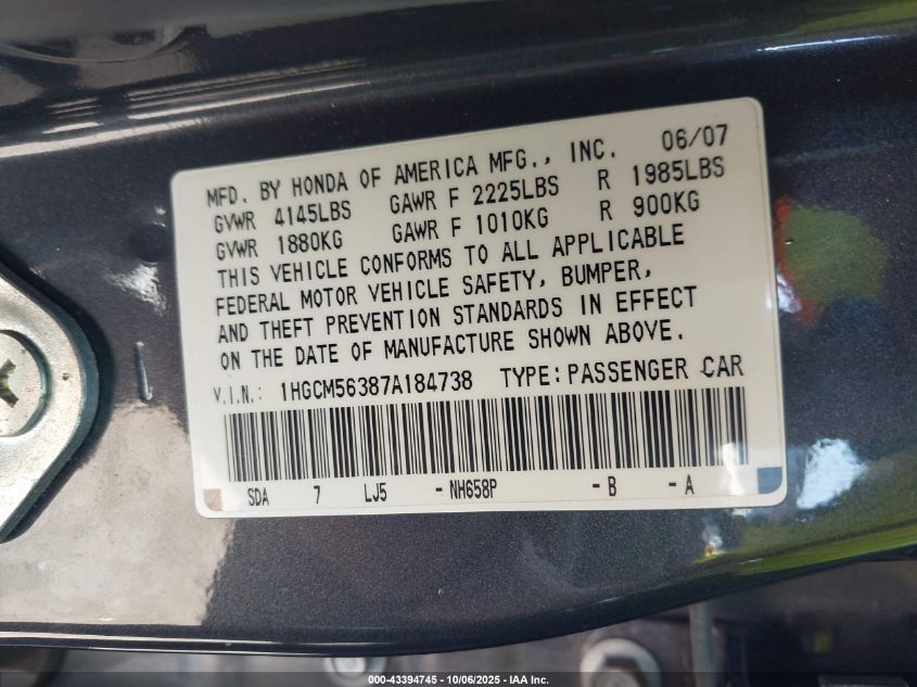 2007 Honda Accord 2.4 Se VIN: 1HGCM56387A184738 Lot: 43394745