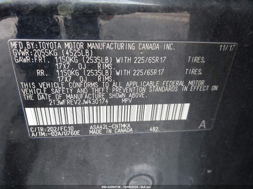 2018 Toyota Rav4 Xle VIN: 2T3WFREV2JW430174 Lot: 43394746