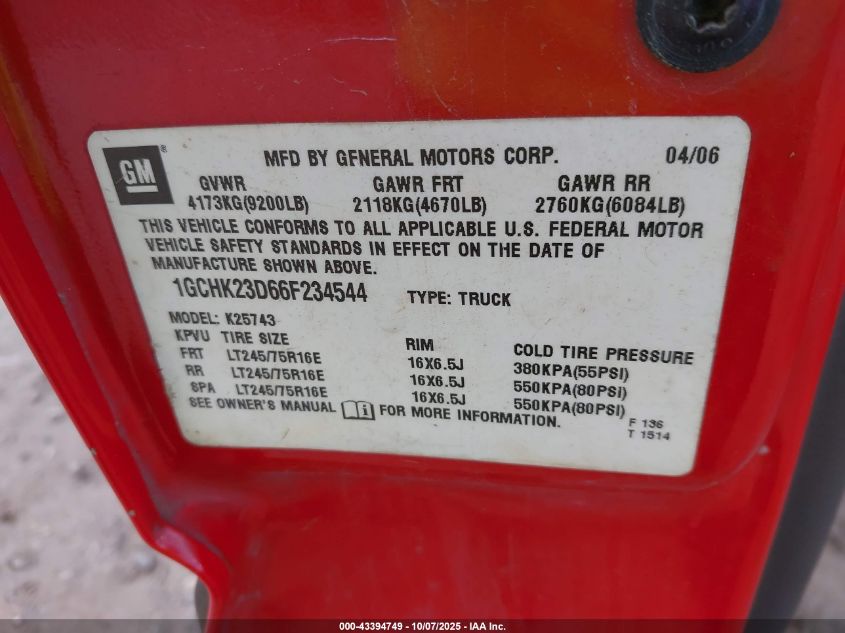 2006 Chevrolet Silverado 2500Hd Lt3 VIN: 1GCHK23D66F234544 Lot: 43394749