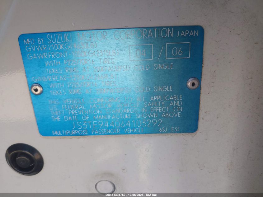 2006 Suzuki Grand Vitara Xsport VIN: JS3TE944064103292 Lot: 43394750