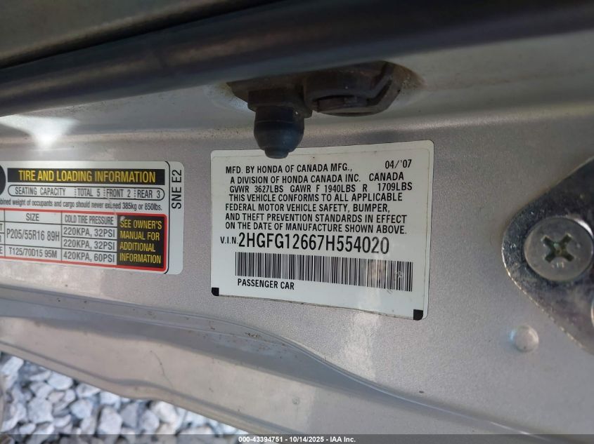 2007 Honda Civic Lx VIN: 2HGFG12667H554020 Lot: 43394751