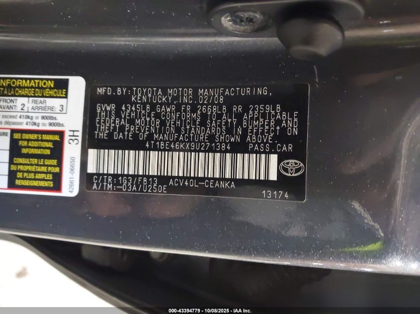 2009 Toyota Camry Le VIN: 4T1BE46KX9U271384 Lot: 43394779