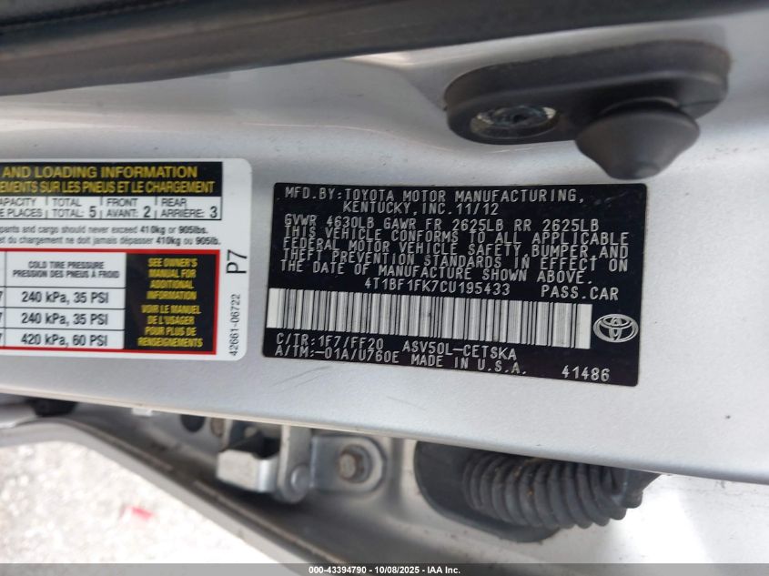 2012 Toyota Camry Se VIN: 4T1BF1FK7CU195433 Lot: 43394790