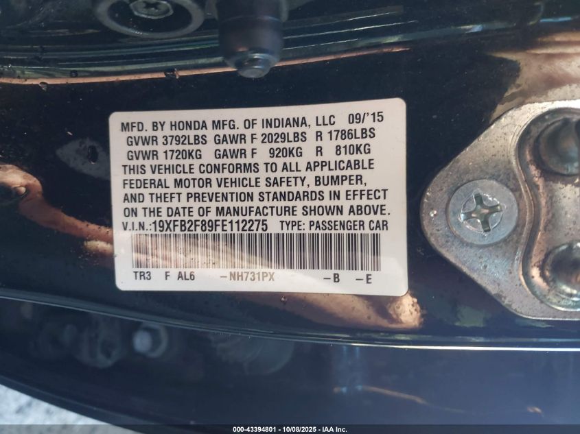 2015 Honda Civic Ex VIN: 19XFB2F89FE112275 Lot: 43394801